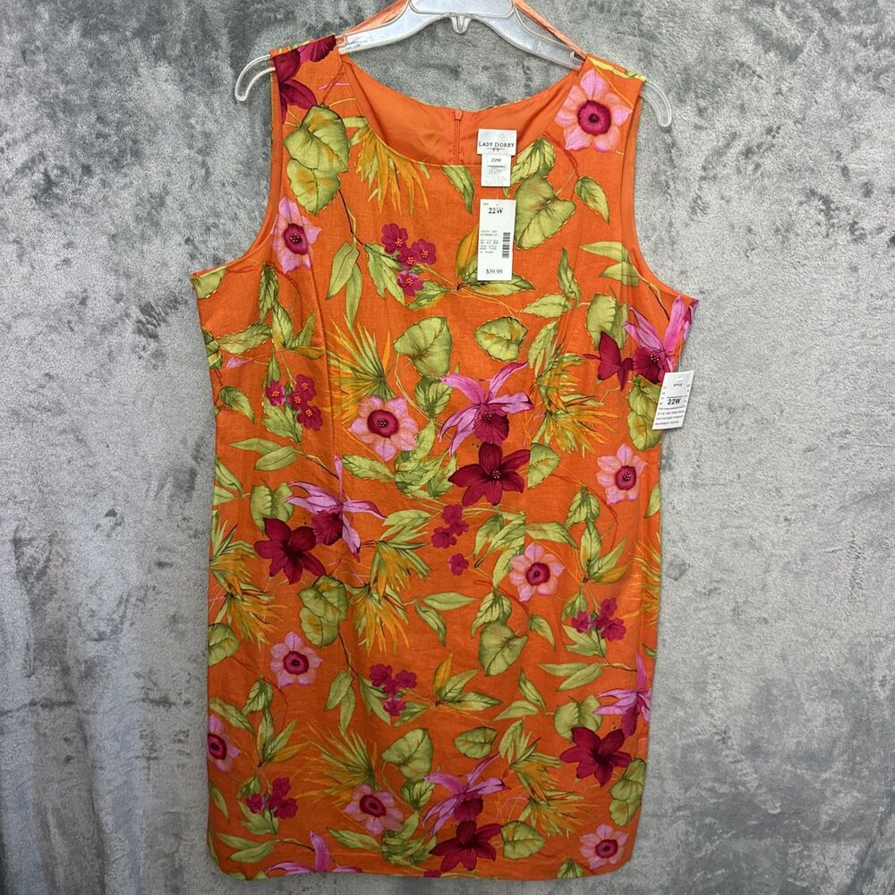 lady dorby 22W lined orange floral dress Sleeveless linen blend NEW back zip